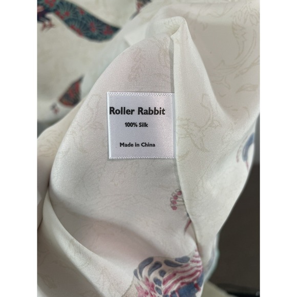 Roller Rabbit Poncho Cover Up 100% Silk Peacock Print Tassels Beige Teal - Picture 9 of 10